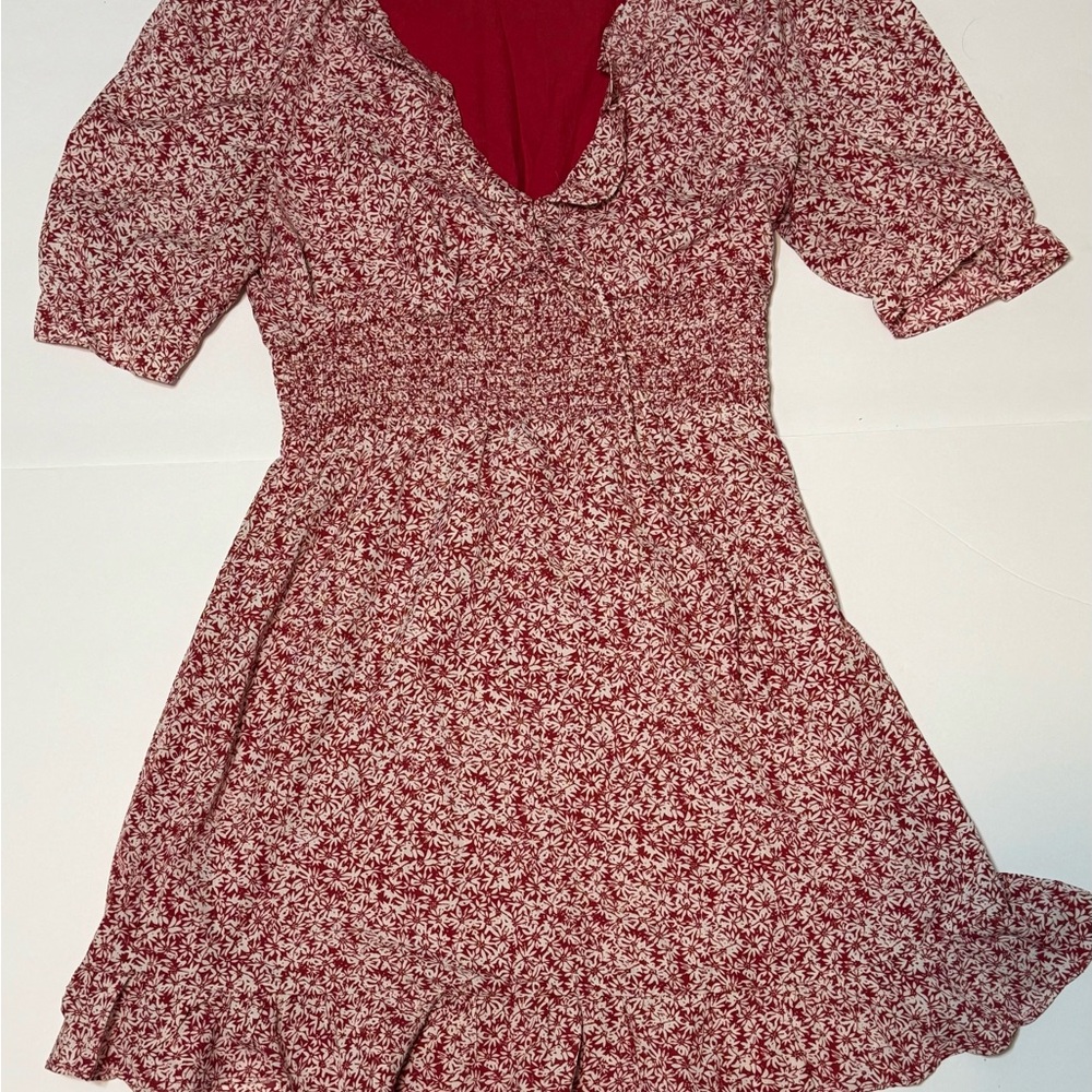 Red Floral Smocked Mini Dress with Puff Sleeves